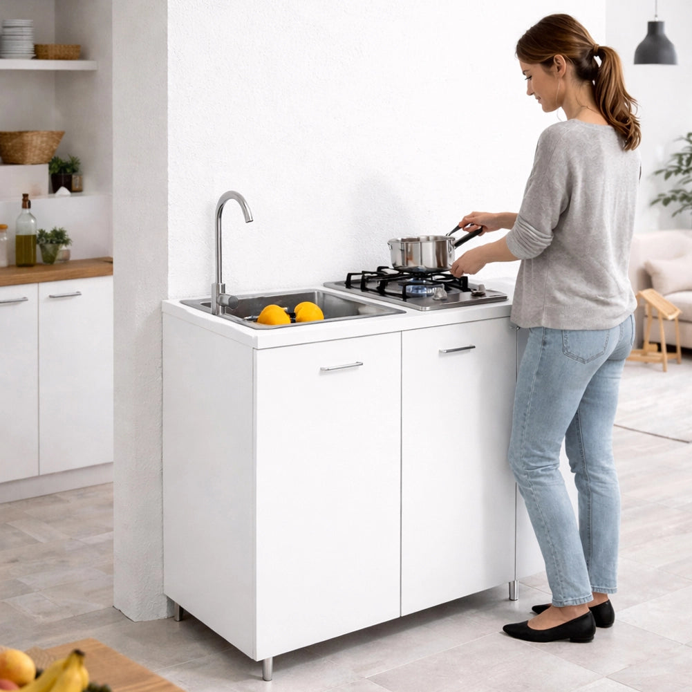 Cucina Completa 80x60cm Bianco Piano Cottura 2 Fuochi Lavello con Rubinetteria