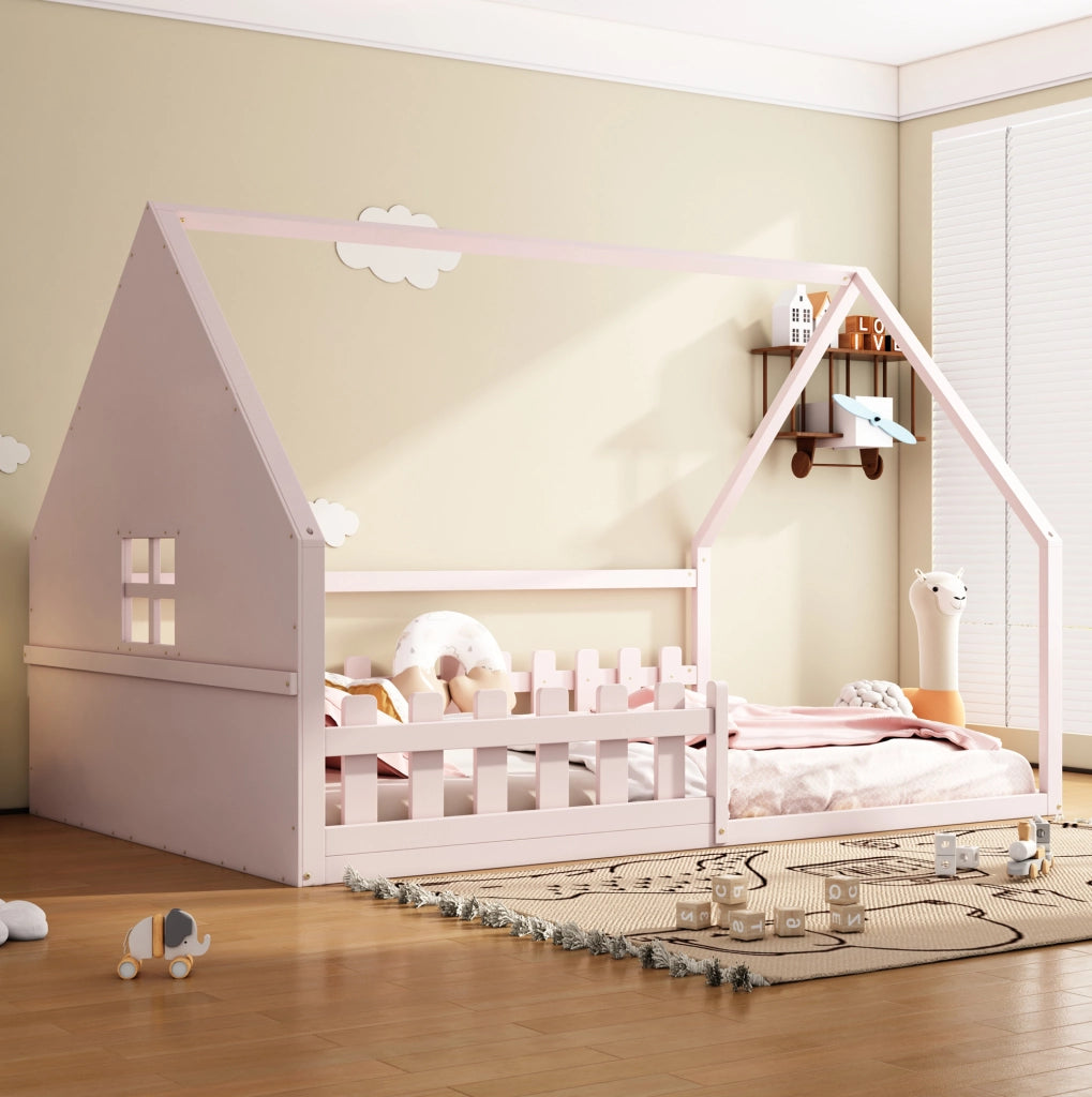 Letto per bambini a forma di casa 140x200 cm, rosa, con sponde
