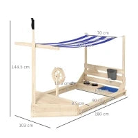 Sabbiera per Bambini 3-7 Anni con Tettuccio e Set da Cucina, in Legno di Abete, 180x103x144.5 cm