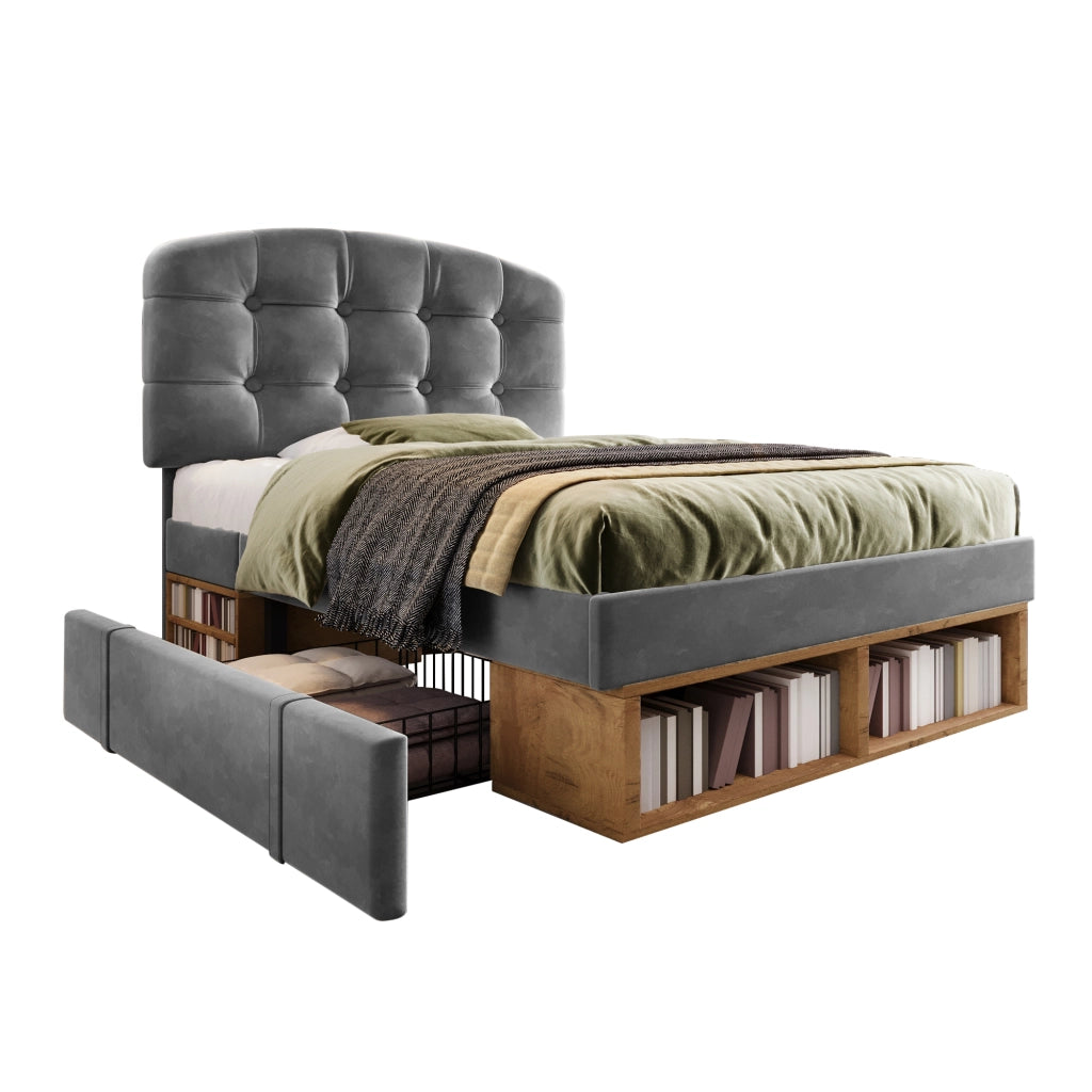 Letto singolo in velluto grigio 90x200 testiera curva regolabile cassetti doghe