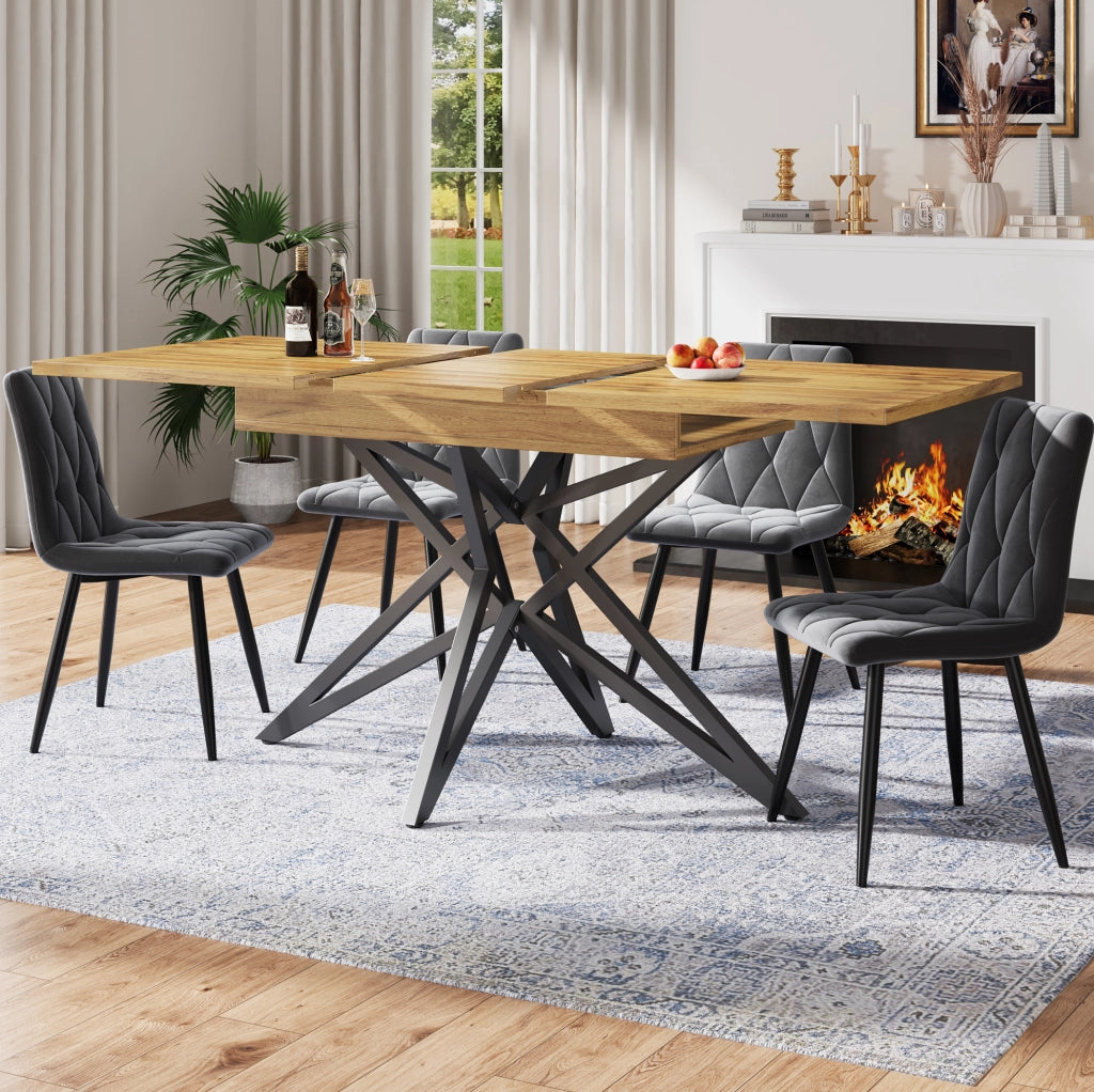 Set da pranzo 120/160x80x66.1 cm allungabile; 4 sedie; MDF effetto noce; velluto grigio scuro