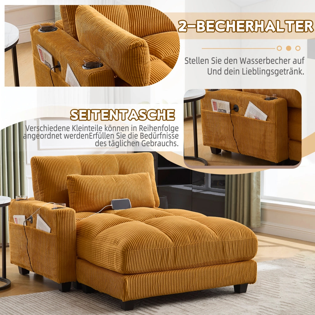 Poltrona Relax con Portabicchieri; Tasca Laterale e Porta USB; in Velluto a Coste Giallo Senape 140 × 112 × 81 cm