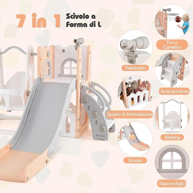 7 in 1 Parco Giochi per Bambini, Set di Scivolo e Altalena per Bambini con Canestro da Basket e Telescopio, 142 x 165 x 92 cm, 1-3 Anni (Rosa)