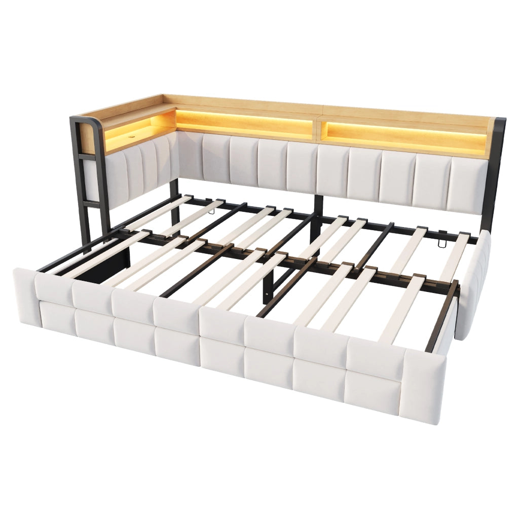 Divano letto imbottito 90x200 cm estensibile in 180x200 cm con contenitori, cassetti, LED e porte USB/Type-C, velluto beige