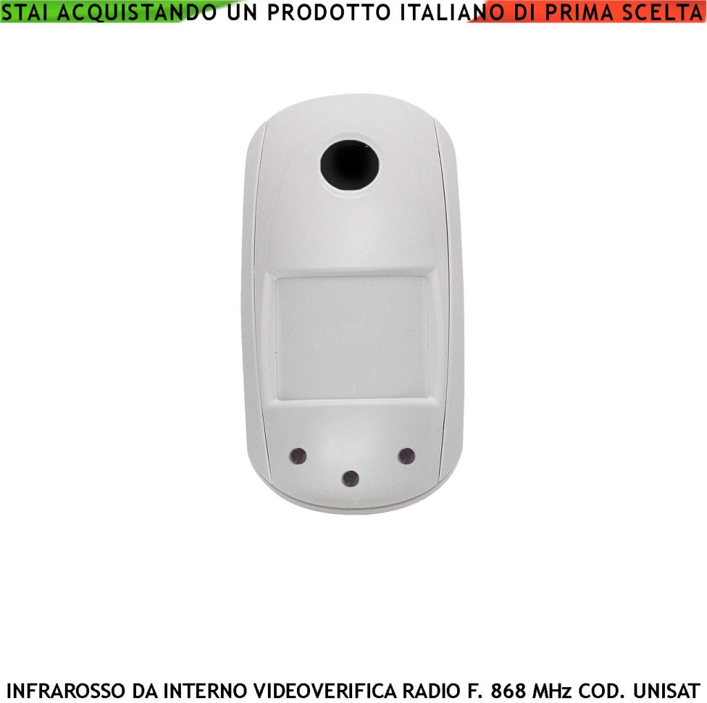 Sensore Movimento da Interno Infrarosso Copertura 12 Metri Grandangolo Fotocamera a Colori VGA 640X480 Videoverifica GPRS Visione Notturna Radio Frequenza 868 MHz Bidirezionale UNISAT Anti Jamming
