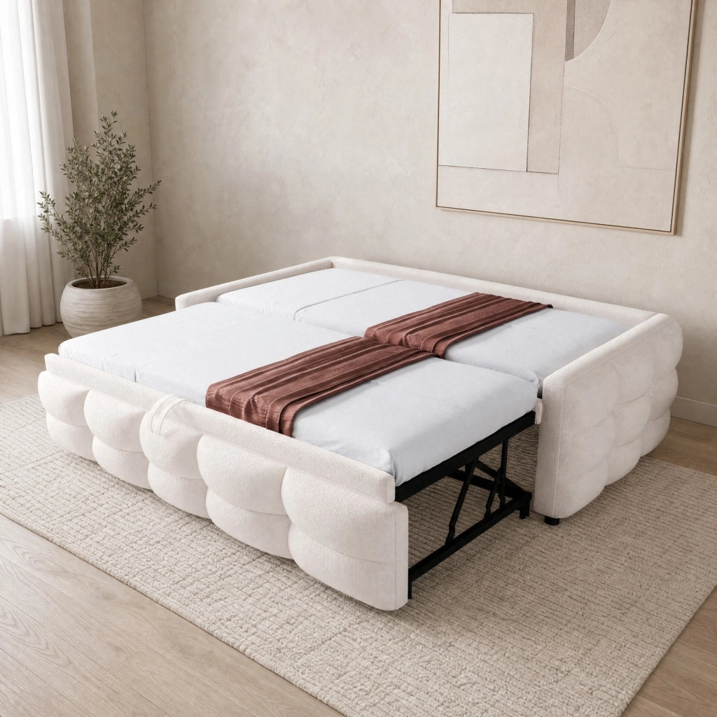 Letto imbottito combinato estraibile 90/180 x 190 cm in Teddy, beige, con rete a doghe, senza materasso