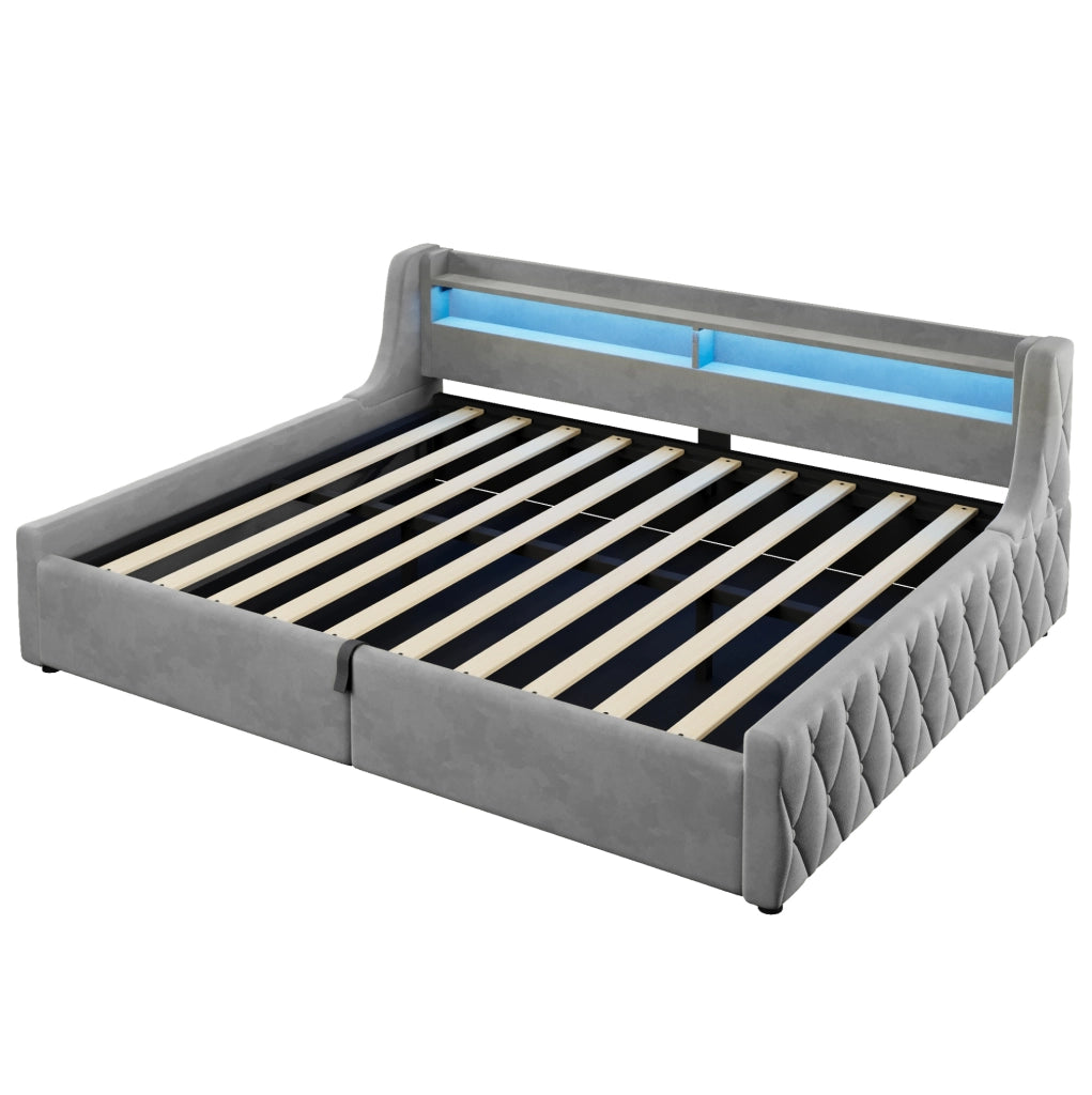 Letto imbottito 140x200 cm con contenitore idraulico e testiera LED grigio