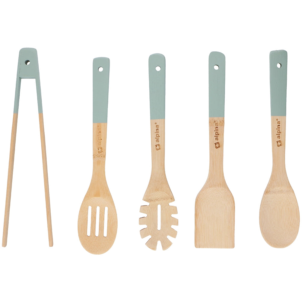 Set 5 Utensili da Cucina in Bambù Lunghezza 30 cm Antigraffio Colori Assortiti