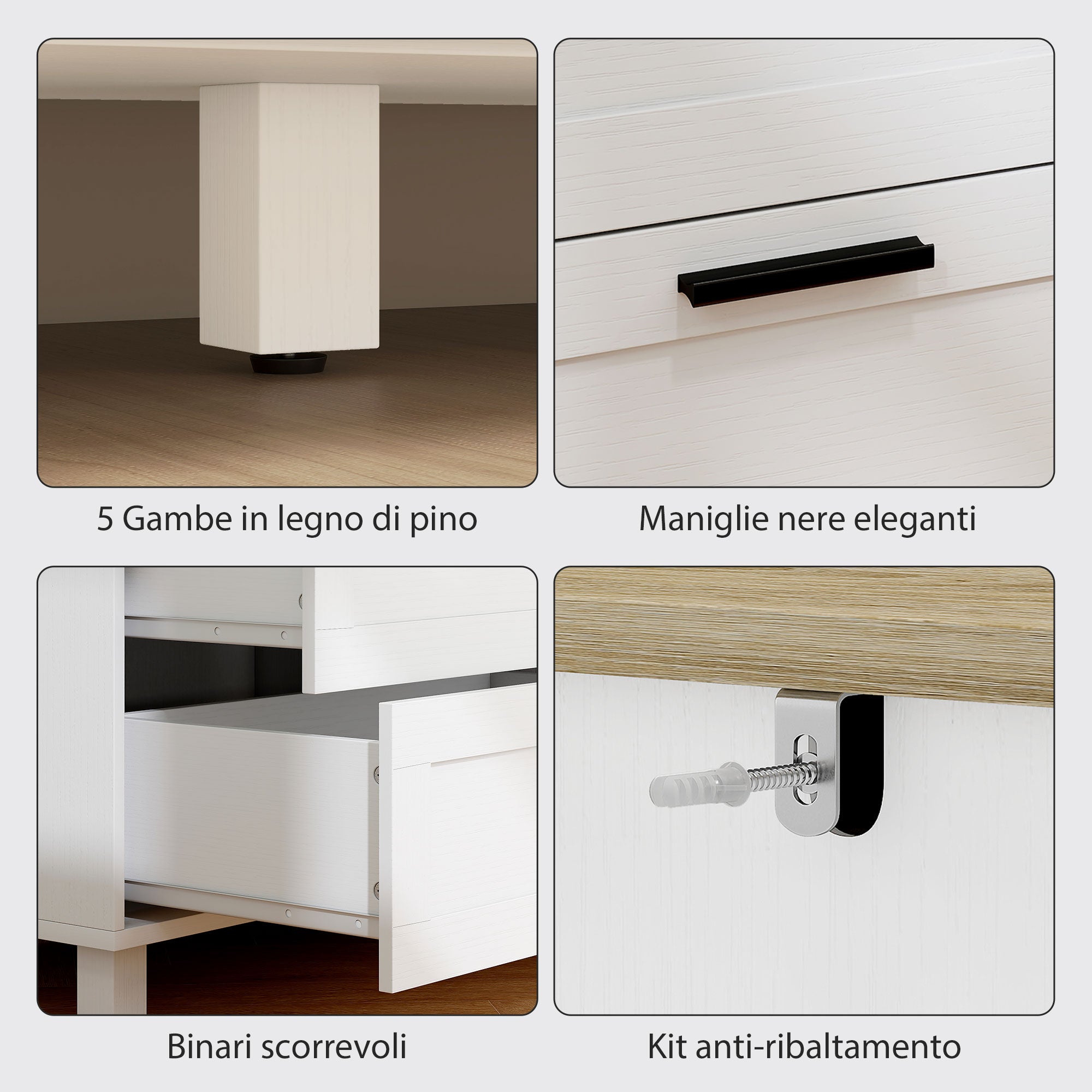Cassettiera 6 Cassetti Moderna 120x38x71 cm in Legno di Pino e MDF Bianco e color Legno