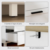 Cassettiera 6 Cassetti Moderna 120x38x71 cm in Legno di Pino e MDF Bianco e color Legno