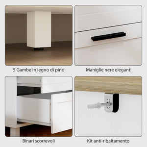 Cassettiera 6 Cassetti Moderna 120x38x71 cm in Legno di Pino e MDF Bianco e color Legno