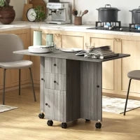 Tavolo a Ribalta a 6 Rotelle con 2 Cassetti e Armadietto ad Ante, in Legno, 120x60x76.5 cm, Grigio