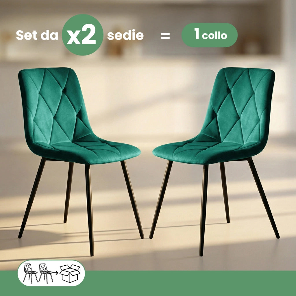 Set di 2 Sedie in velluto trapuntate MILO Verde Bottiglia gambe nere