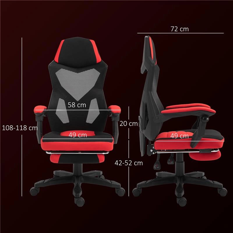 SEDIA DA UFFICIO ERGONOMICA E RECLINABILE CON POGGIAPIEDI, IN TESSUTO A RETE, 58X63X112-122 CM, NERA E ROSSA