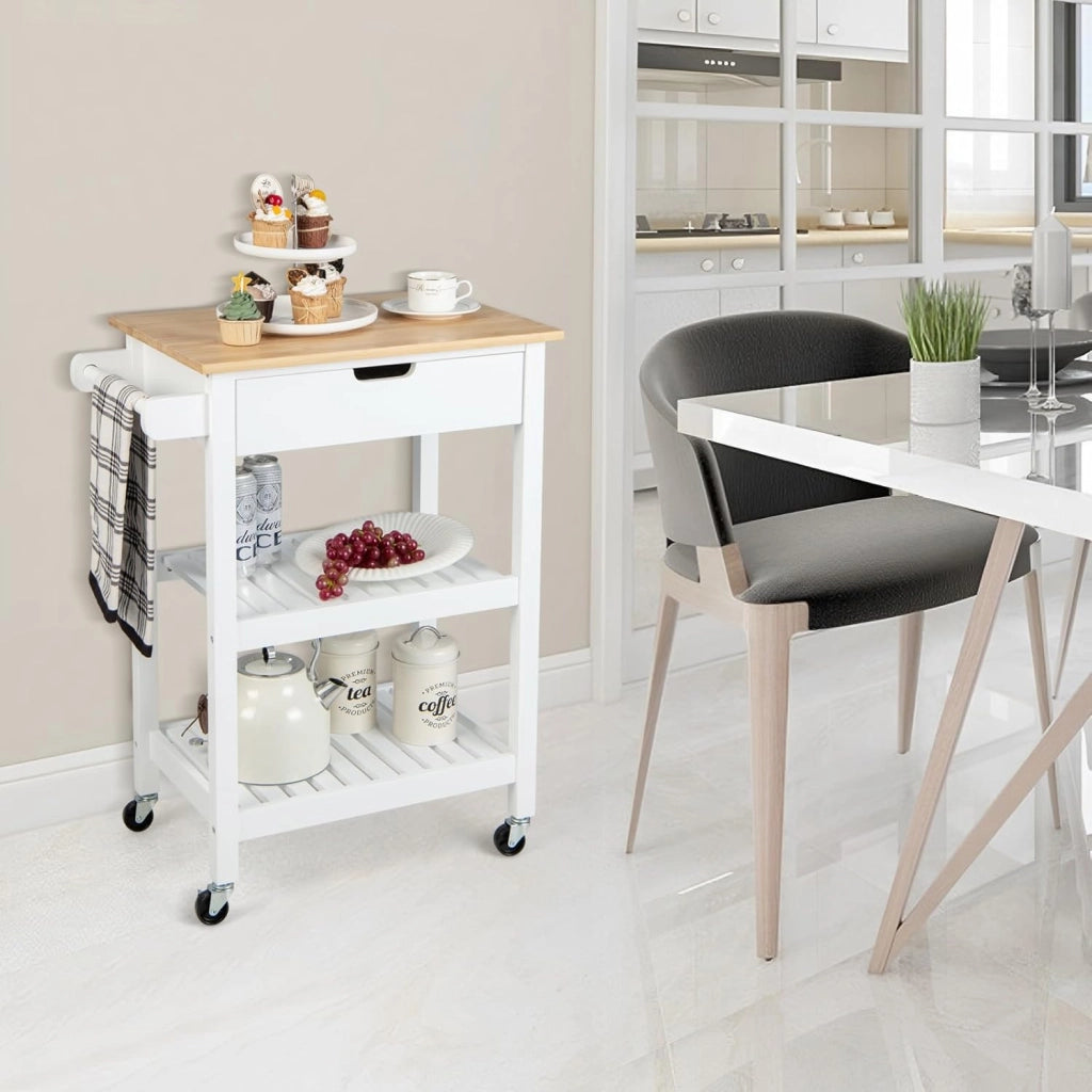 Carrello da Cucina, Carrello Cucina con Cassetti e Piano di Lavoro, Carrello da Cucina con Ruote, Carrellino Portaoggetti Multiuso, Portaoggeti in Bambù (Bianco)