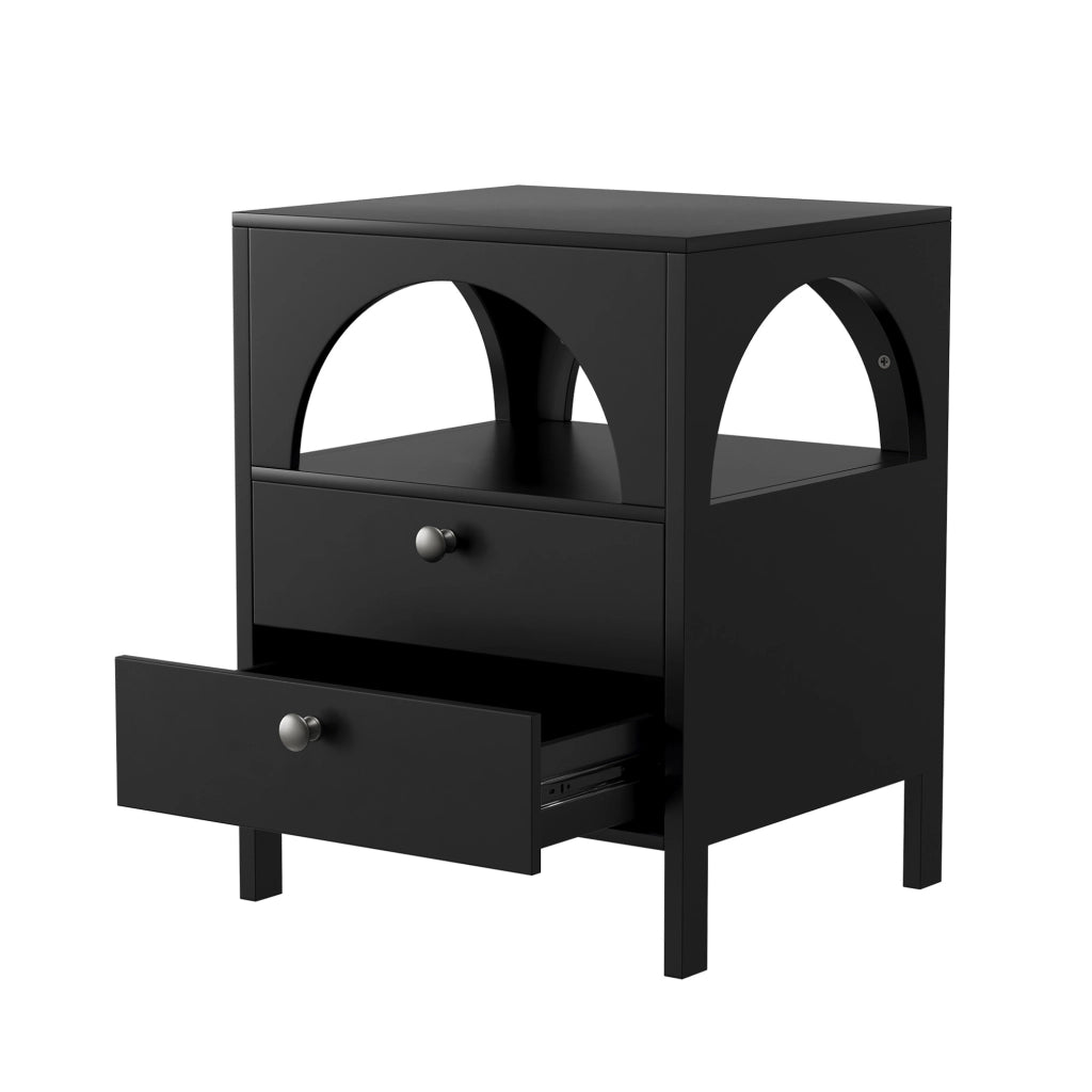 Comodino moderno 45x40x58 cm con 2 cassetti e vano aperto in MDF nero