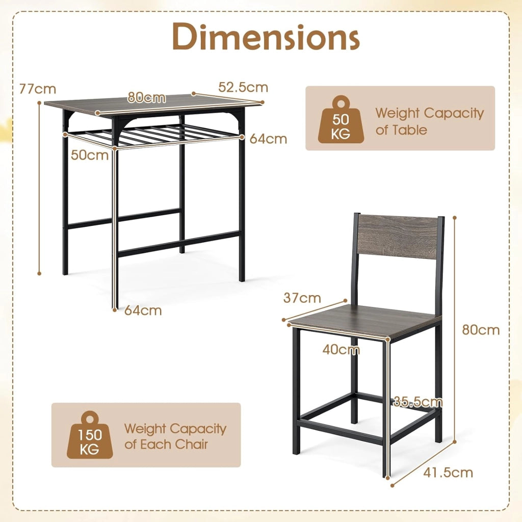 Set da pranzo 3 pezzi, tavolo da pranzo con ripiano per bottiglie e 2 sedie con schienale, design compatto, stile industriale, tavolo da colazione per 2 persone (grigio)