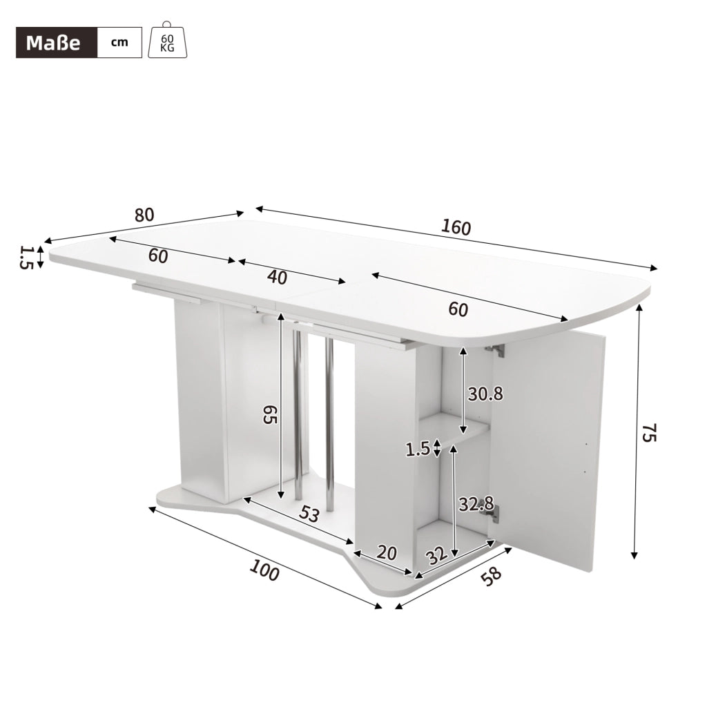 Tavolo da pranzo allungabile 120/160x80 cm con vano contenitore; MDF bianco