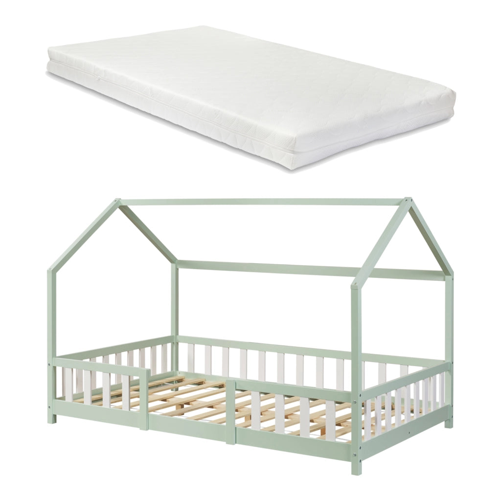 Letto per Cameretta Sisimiut a Forma di Casetta con Materasso 120x200 cm Verde / Bianco [en.casa] [neu.haus]