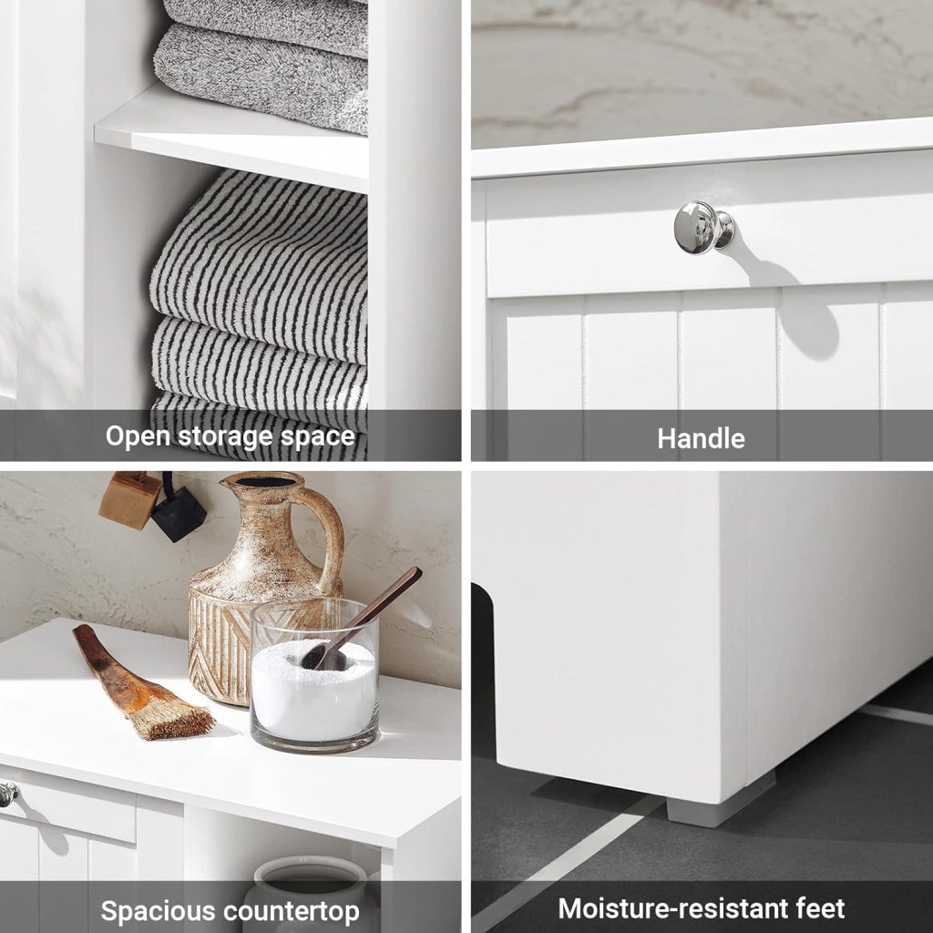 Mobiletto da Bagno con Sacco per Biancheria – Mobile con Cesto a Ribalta e 3 Ripiani – Mobile Salvaspazio, Arredo Bagno in Legno per Spazi Ridotti, Bianco, 60x86x37cm, BZR105-W