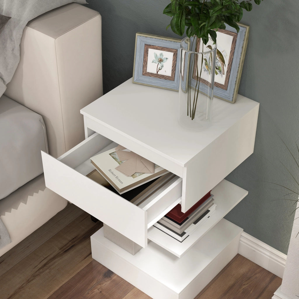 Comodino Moderno in Truciolato e MDF con un Cassetto e 2 Ripiani, 39x39x65 cm, Bianco