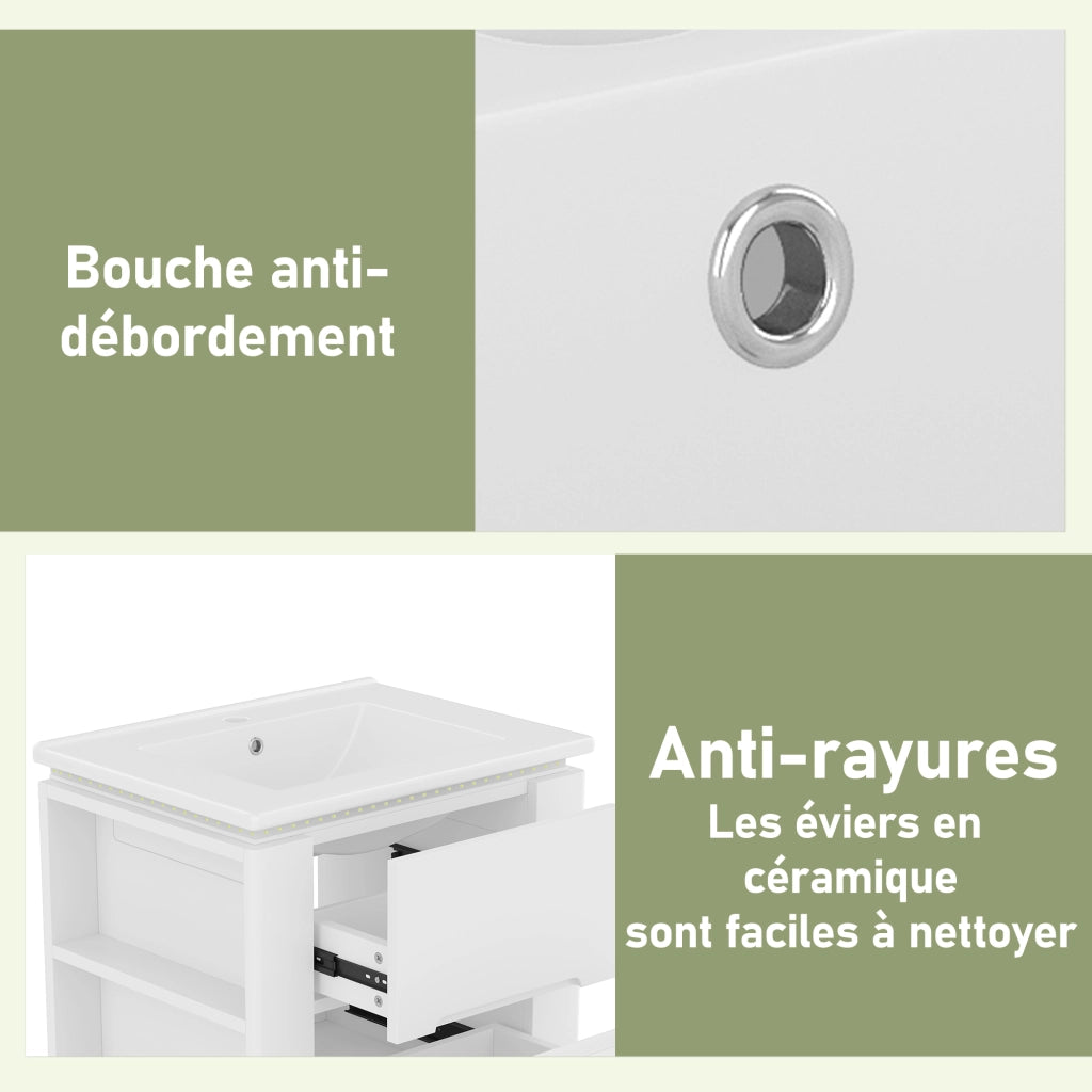 Mobile da Bagno con Lavabo Integrato e LED ¨C MINIMAL ¨C Bianco, 2 Cassetti, 61x46x48.5 cm