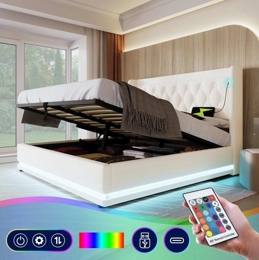 Letto matrimoniale contenitore 180x200 cm bianco con LED e USB-C