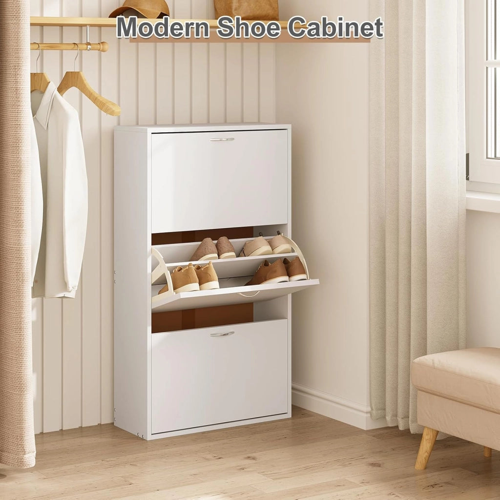 Scarpiera Salvaspazio Slim e Alta, Porta Scarpe con 3 Ante a Ribalta, Organizer per Scarpe con Divisori Staccabili, Scarpiera Bianca in Legno per Ingresso, Corridoio