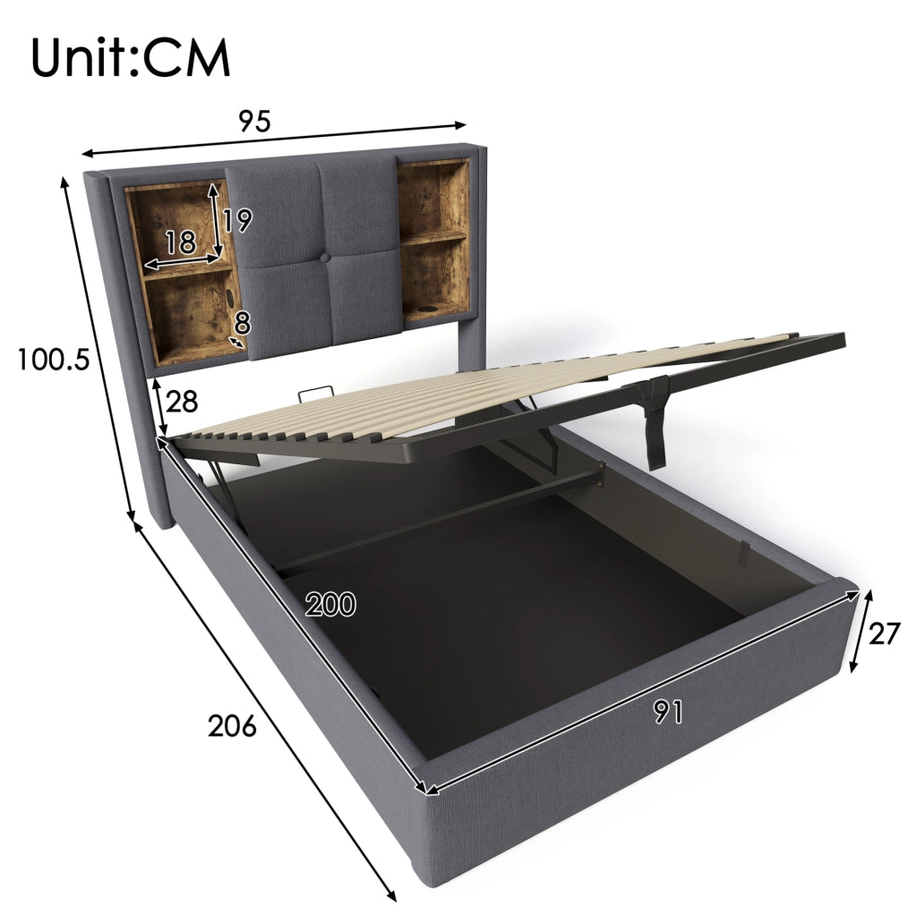 Letto singolo imbottito 90x200 cm grigio in cotone con contenitore; ricarica wireless e USB