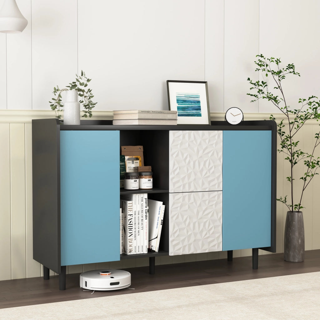 Credenza con 2 Cassetti; 2 Vani Aperti e 1 Anta per Cucina in MDF 120 × 40 × 80 cm Nero e Blu
