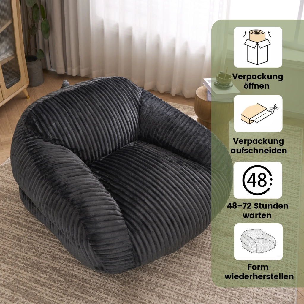 Pouf ergonomico con schienale sagomato e imbottitura in schiuma per salotto e camera, in velluto a coste grigio scuro