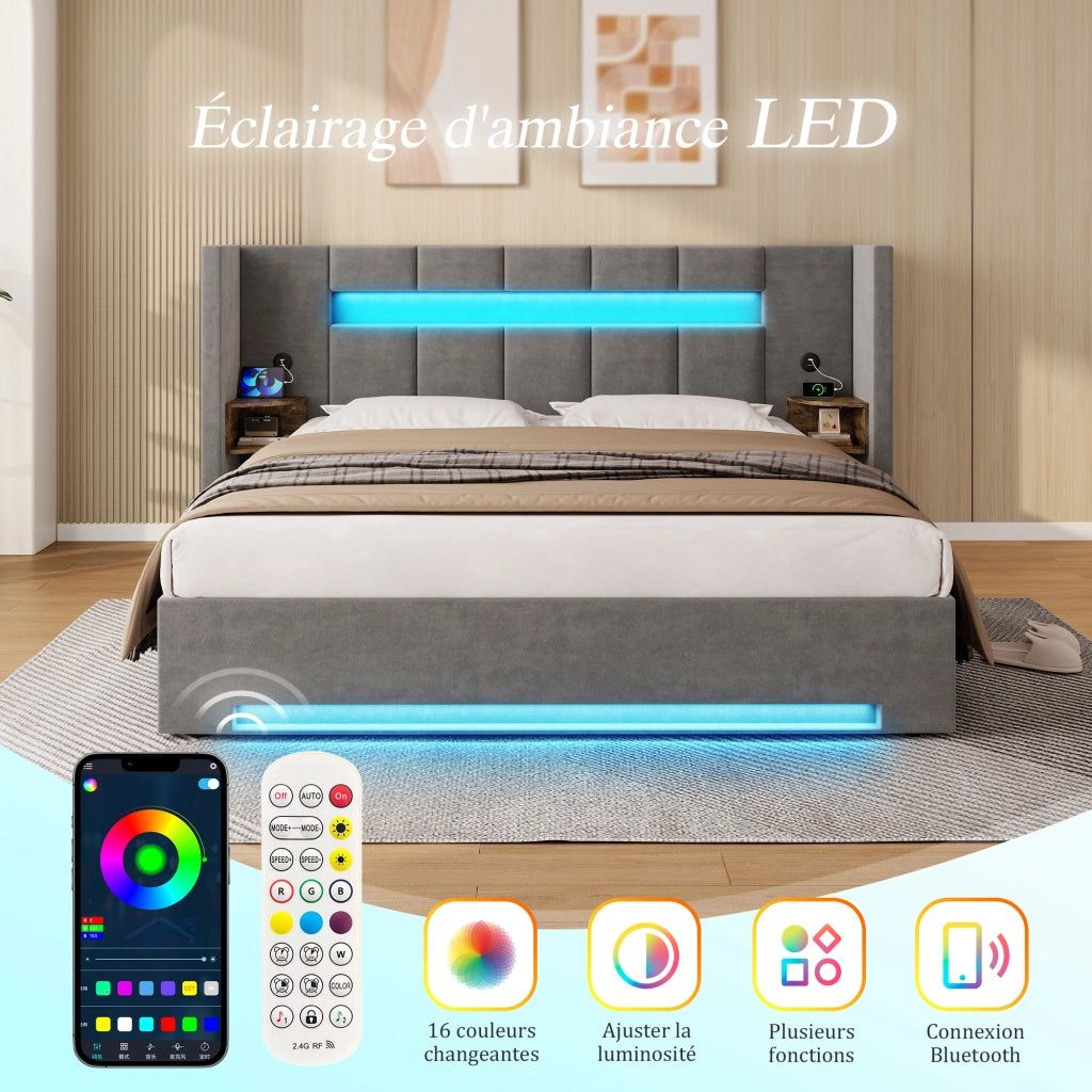 Letto Contenitore Letto Matrimoniale 160x200 cm; USB; LED; Velluto Grigio Scuro