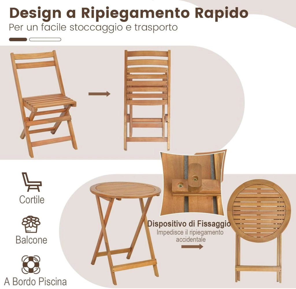 Set Tavolo e Sedie da Giardino, Set Mobili da Giardino Pieghevoli 3 Pezzi in Legno di Acacia, Arredo Giardino per Giardino Terrazzo Balcone