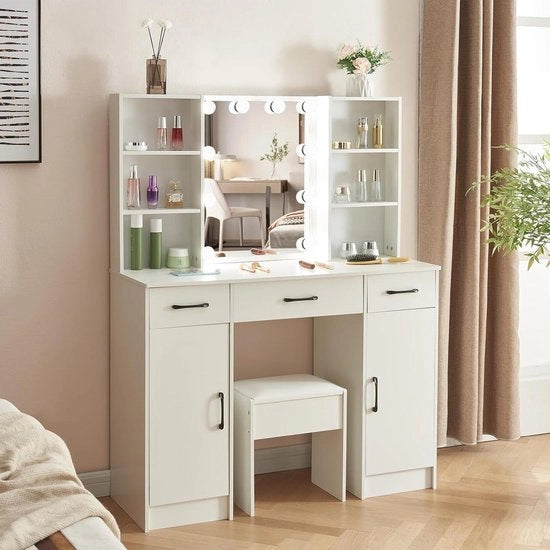Tavolo per trucco grande con illuminazione e sgabello - Specchio - 3 colori - Brillante regolabile - 4 pannelli - 3 cassetti - Tavolo per trucco in bianco