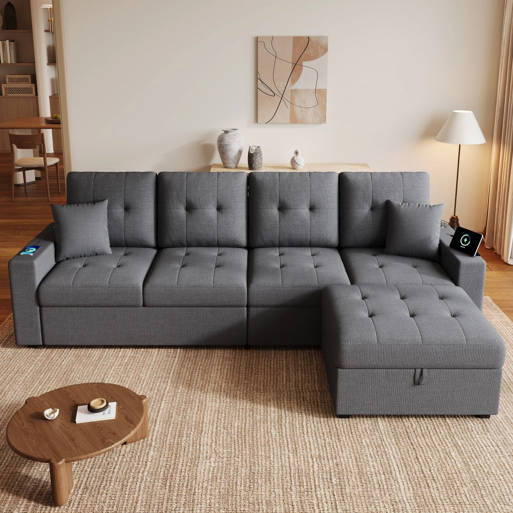 DIVANO ANGOLARE L 4 POSTI 253 cm Grigio Antico in Lino con pouf posizionabile