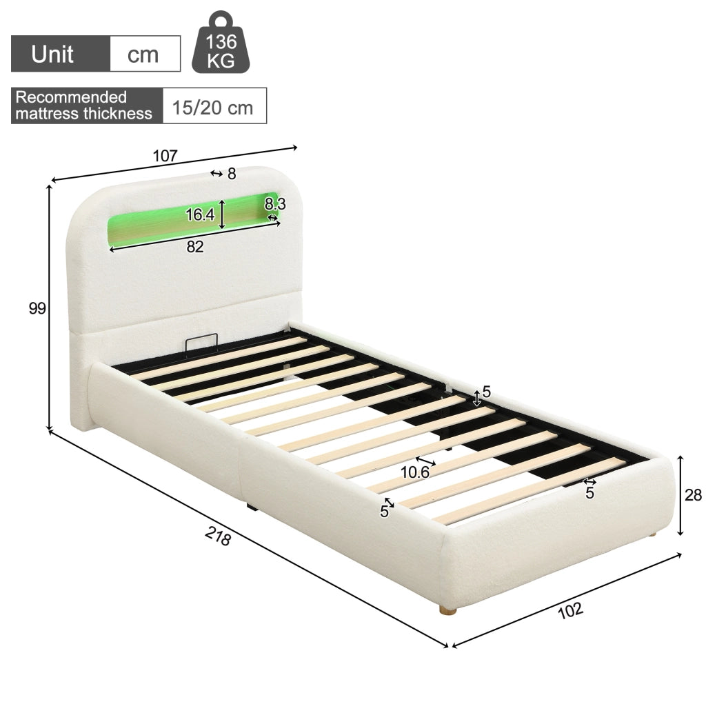 Letto imbottito con contenitore e LED in bouclé bianco