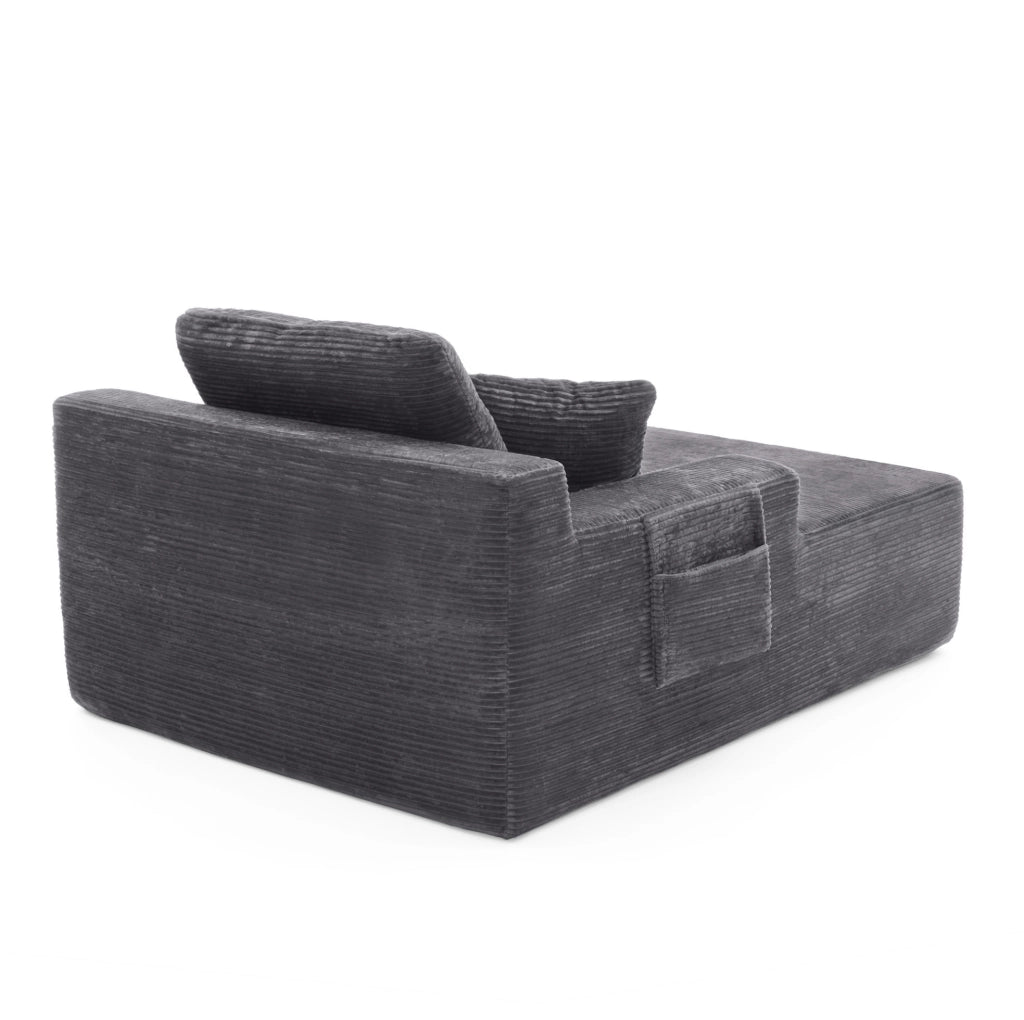 Divano compatto in corduroy con tasche laterali e cuscini; grigio scuro