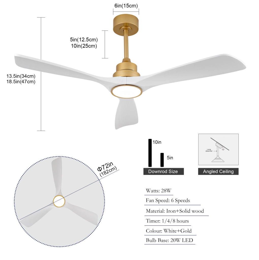 Ventilatore da soffitto 52 pollici con LED dimmerabile, telecomando e pale in legno massello