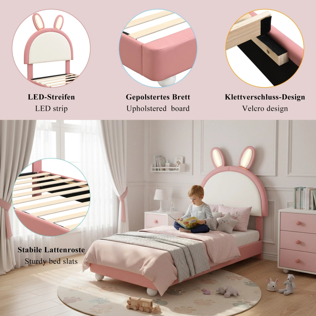 Letto per bambini 90 × 200 cm con testiera a coniglio, LED, bordo anticolpo morbido, senza materasso, rosa