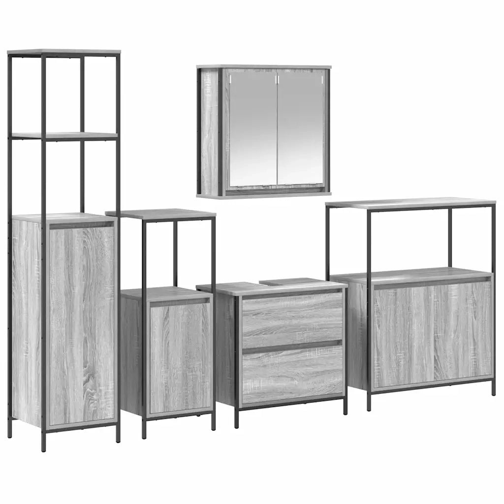 Set di mobili per il Bagno | Armadio da bagno 5 pz Grigio Legno multistrato