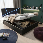 Letto Imbottito con LED ¨C MINIMAL ¨C Similpelle Nero, Contenitore Idraulico, Rete a Doghe, 90x200