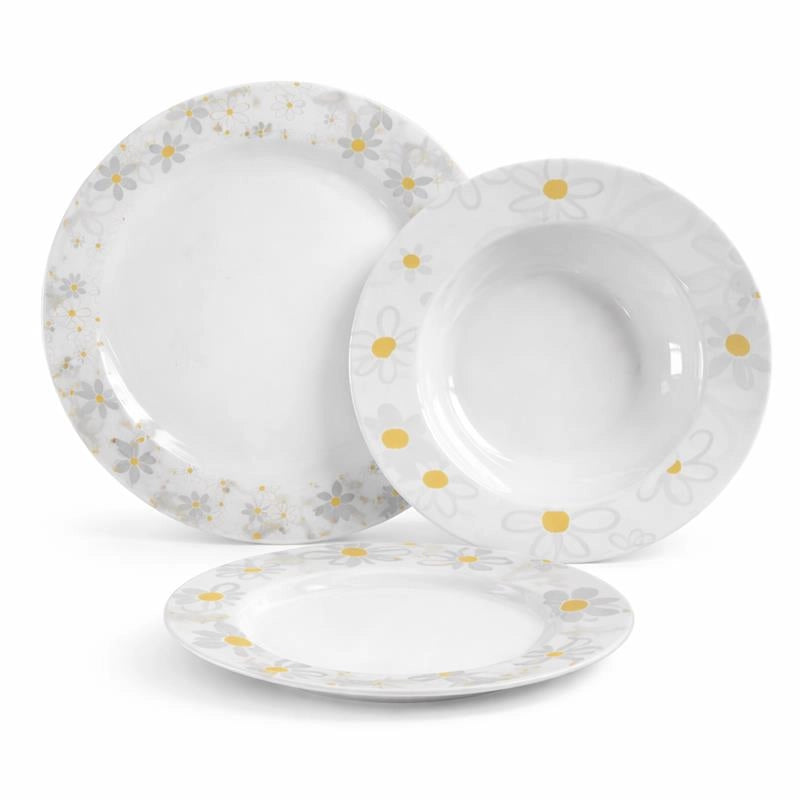 MA MAISON SERVIZIO PIATTI 18 PEZZI IN PORCELLANA CON MARGHERITE, SET TAVOLA 6 PERSONE 6 PIANI 6 FONDI 6 DESSERT BIANCO