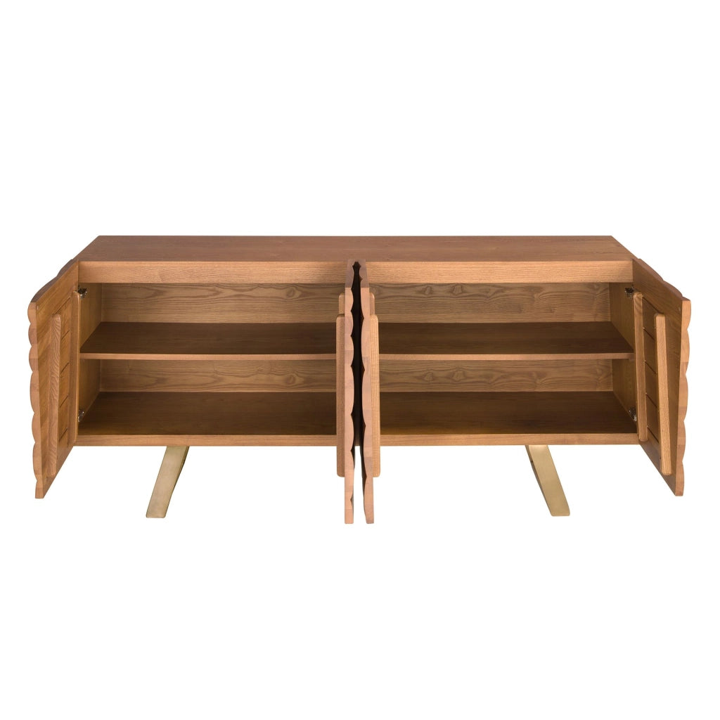 Credenza in noce chiaro e acciaio lucidato color oro