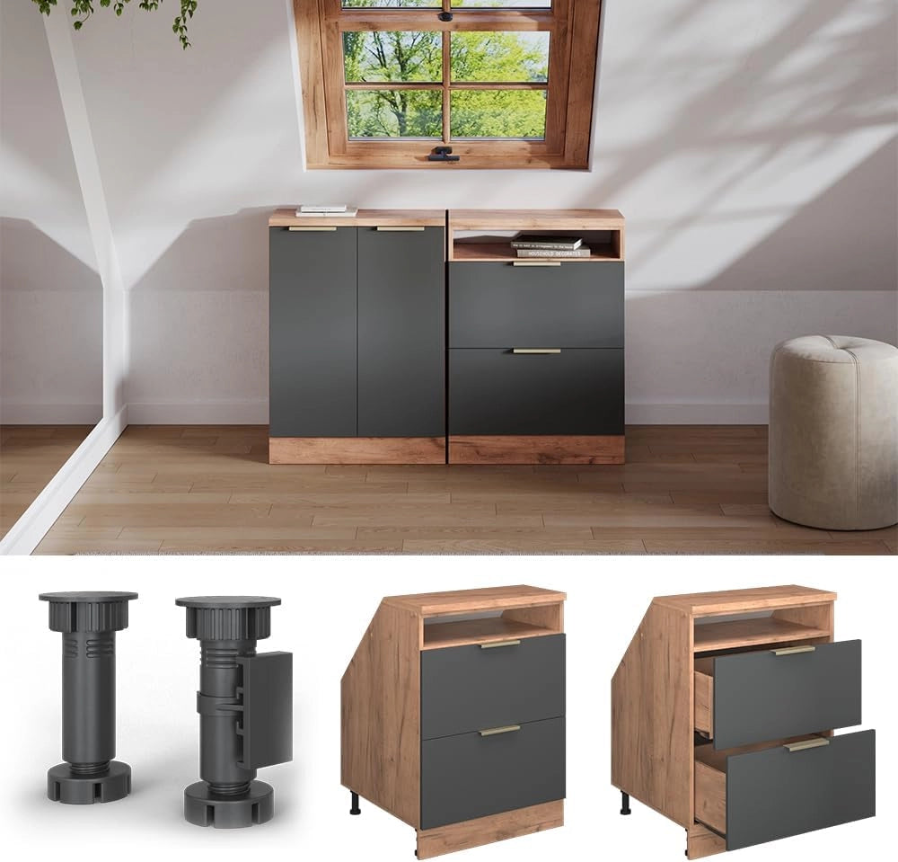 Mobile sottotetto Rion, Antracite-oro, 60 x 81.6 cm con 2 cassetti, carcassa 60 cm profondità, adatto per il salvaspazio sotto tetti spioventi