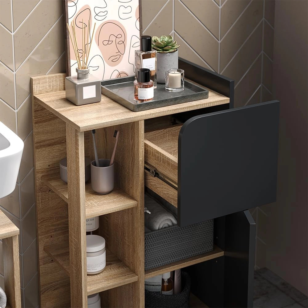 Armadietto di base Karen, Sonoma/antracite, 50 x 90 cm con anta e cassetto, adatto per la conservazione di articoli da bagno e asciugamani