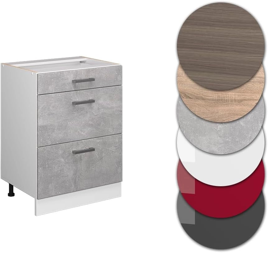 Base universale R-Line, Calcestruzzo, 60 cm con cassetti, senza piano di lavoro, adatto per la conservazione di accessori per la pulizia e per la casa