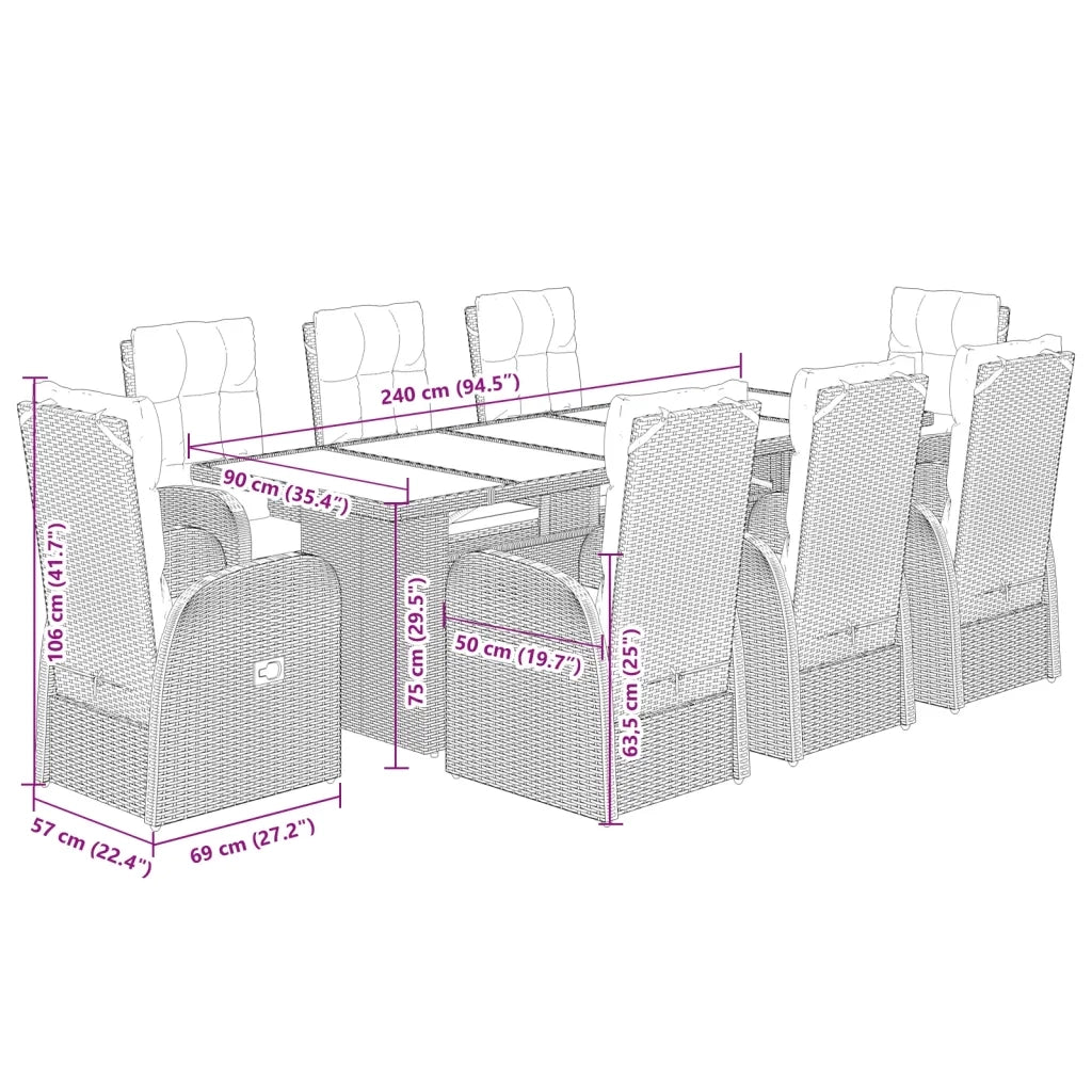Set da Pranzo da Giardino 9 pz con Cuscini Nero in Polyrattan