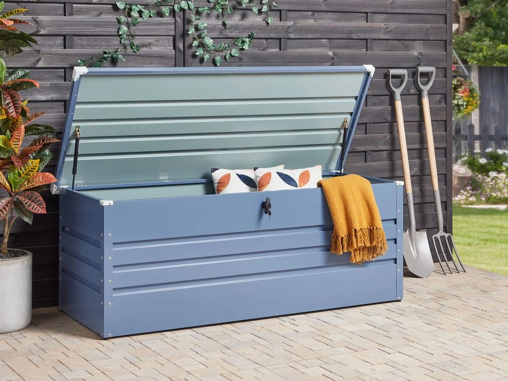 Cassapanca da esterno in acciaio zincato blu 165 x 70 cm giardino stile industriale