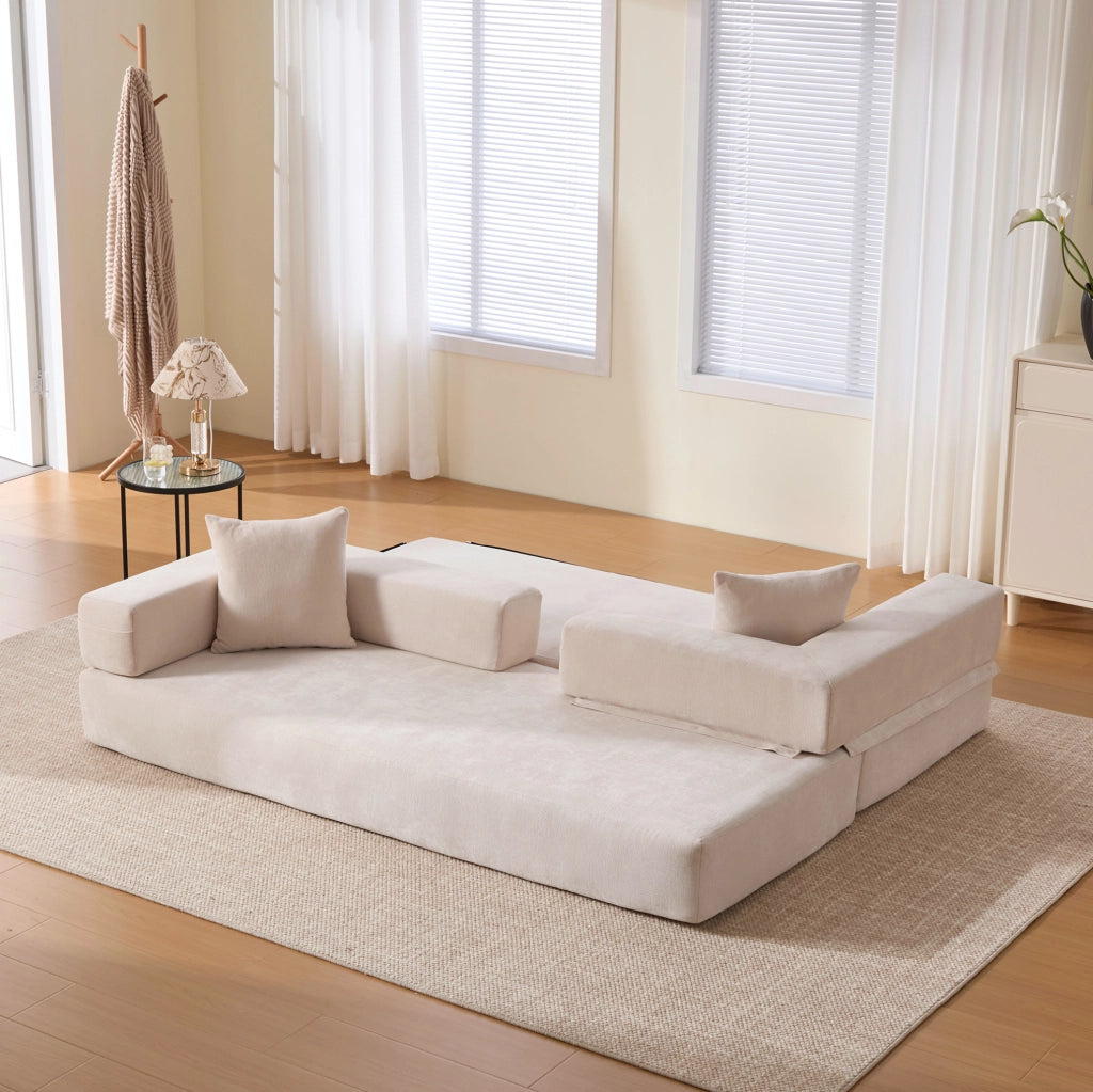 Blocco divano modulare in ciniglia beige con tasche laterali