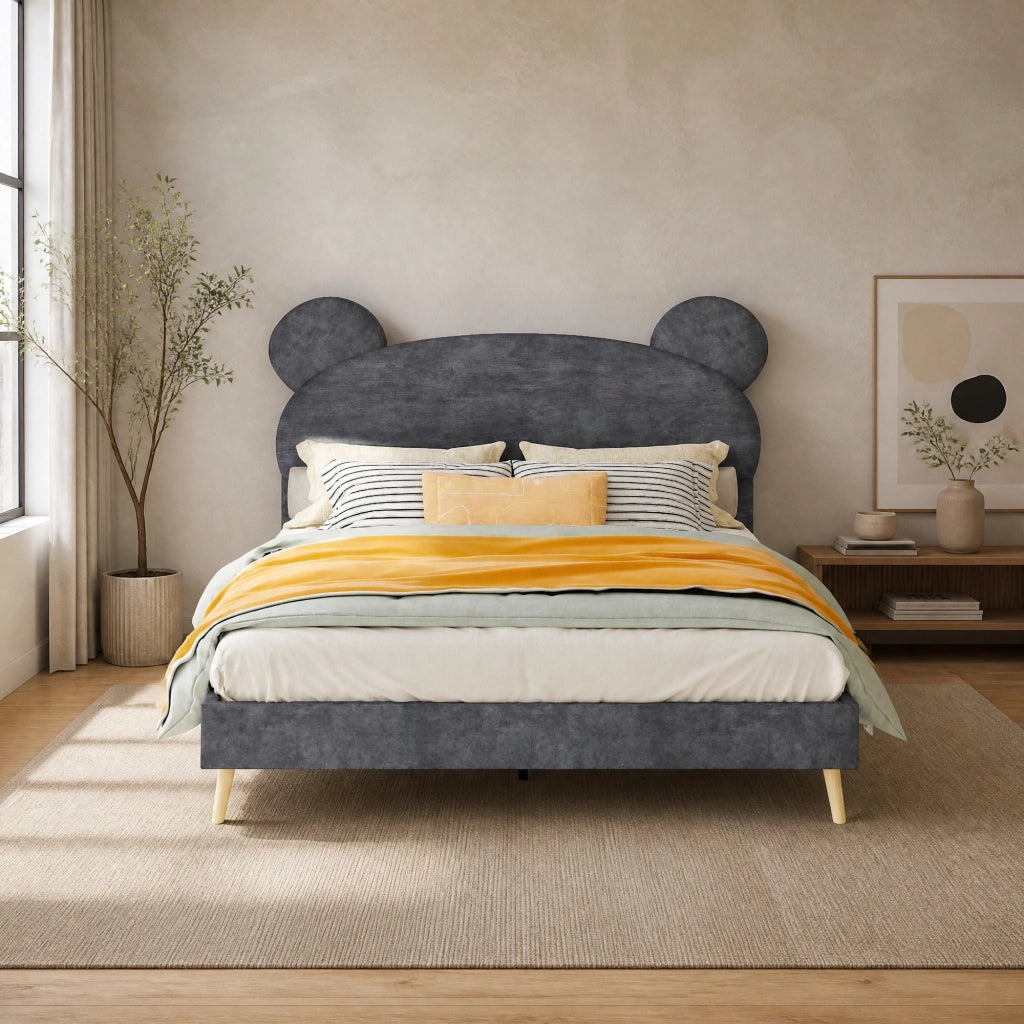 Letto imbottito per bambini con testiera a orecchie d’orso 140x200 cm; grigio